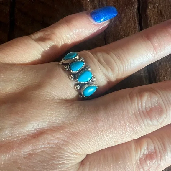 Zuni Navajo Blue Turquoise Ring Band Sleeping Beauty Sterling Petit Point 7 - Picture 8 of 11